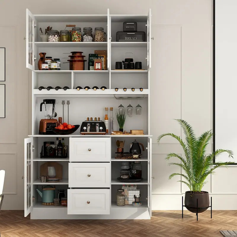 White Buffet Cabinet with Wine Glass Rack, Drawers and Hutch