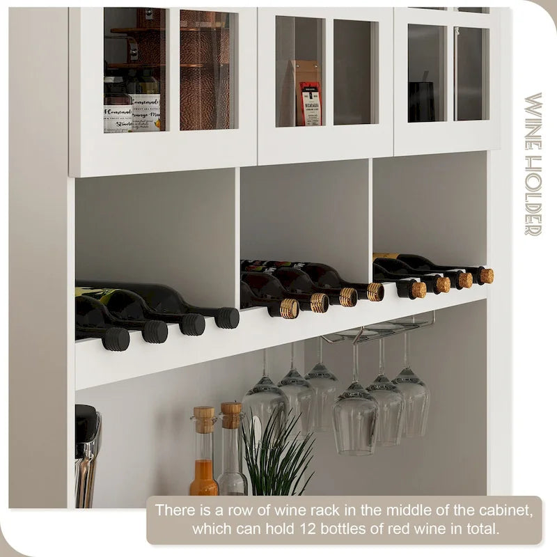 White Buffet Cabinet with Wine Glass Rack, Drawers and Hutch