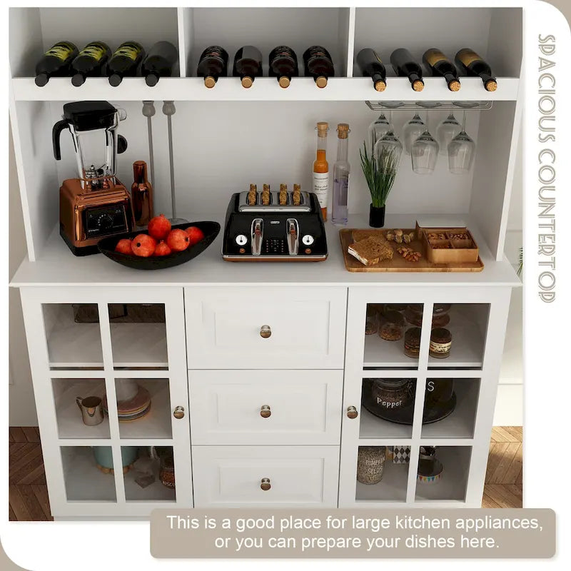 White Buffet Cabinet with Wine Glass Rack, Drawers and Hutch