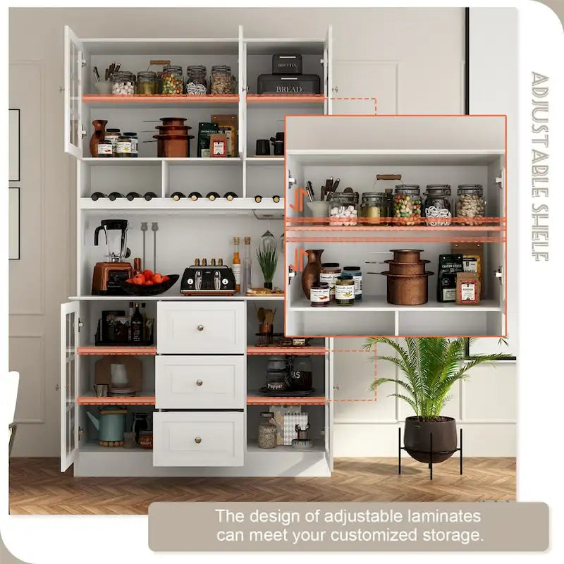 White Buffet Cabinet with Wine Glass Rack, Drawers and Hutch