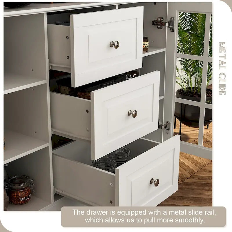 White Buffet Cabinet with Wine Glass Rack, Drawers and Hutch