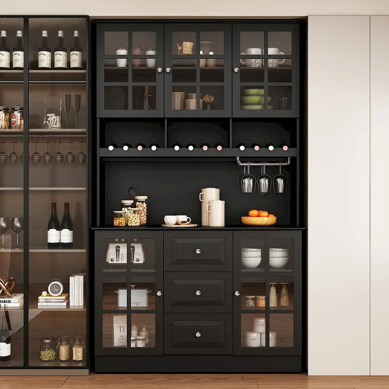 White Buffet Cabinet with Wine Glass Rack, Drawers and Hutch