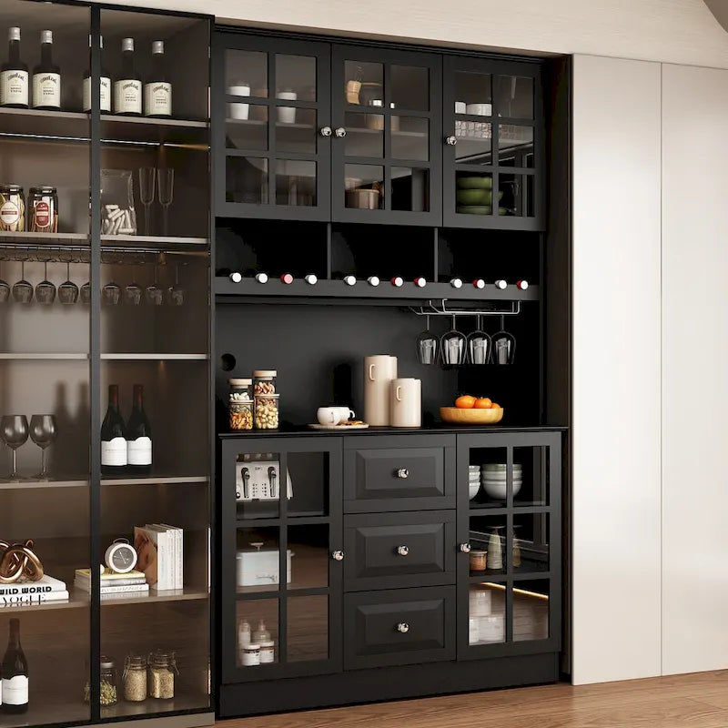 White Buffet Cabinet with Wine Glass Rack, Drawers and Hutch