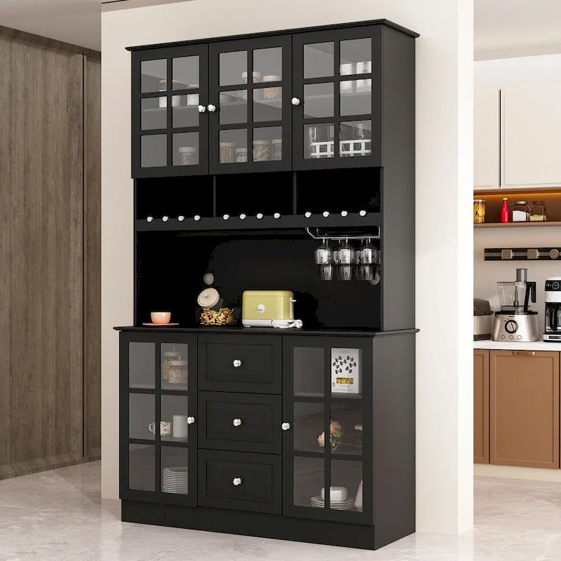 White Buffet Cabinet with Wine Glass Rack, Drawers and Hutch
