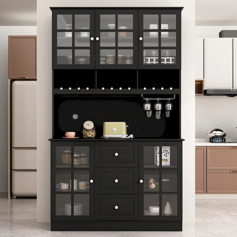 White Buffet Cabinet with Wine Glass Rack, Drawers and Hutch