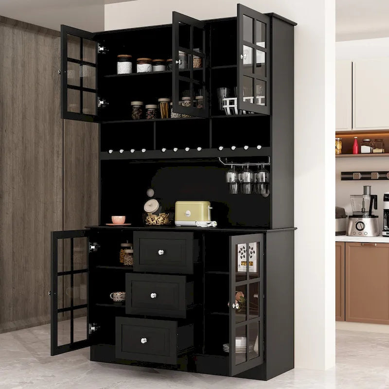 White Buffet Cabinet with Wine Glass Rack, Drawers and Hutch