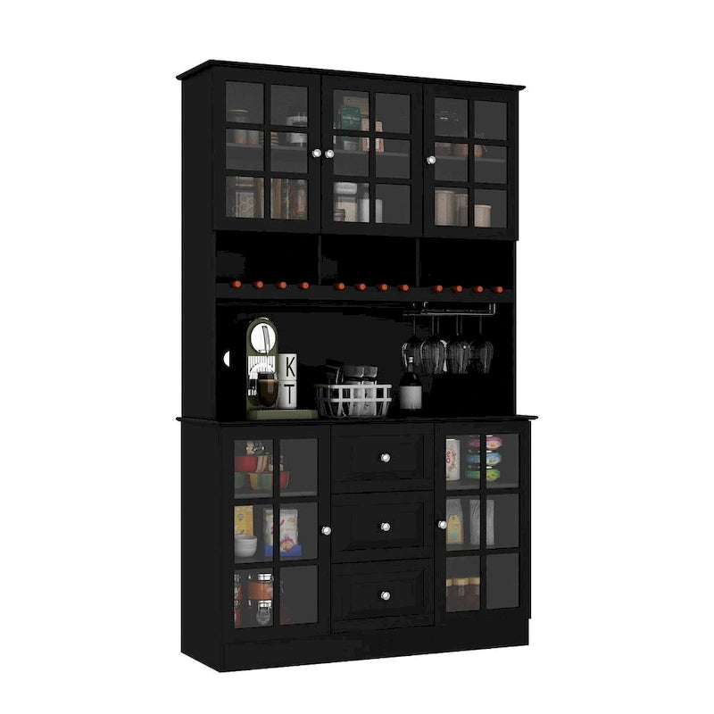 White Buffet Cabinet with Wine Glass Rack, Drawers and Hutch