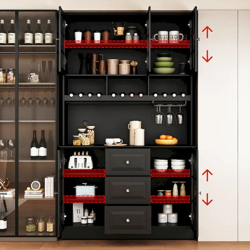 White Buffet Cabinet with Wine Glass Rack, Drawers and Hutch