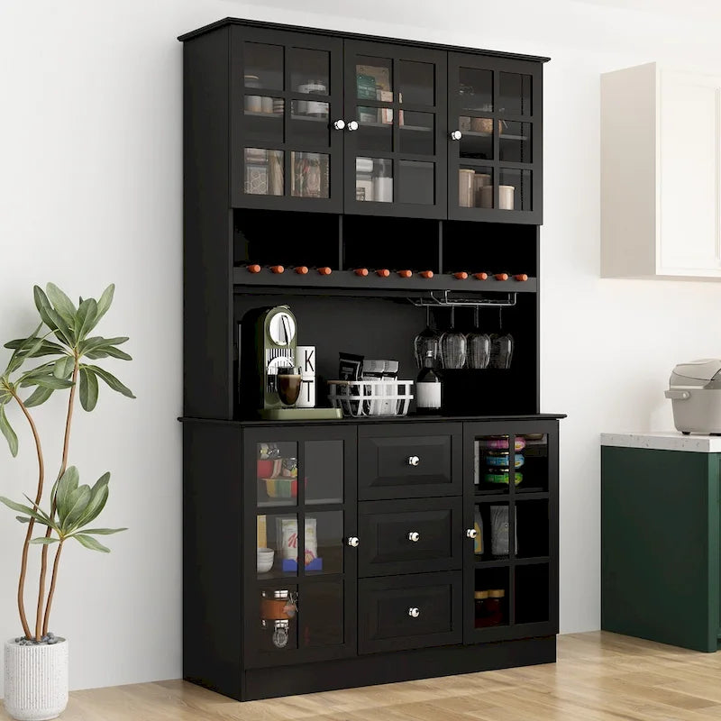 White Buffet Cabinet with Wine Glass Rack, Drawers and Hutch