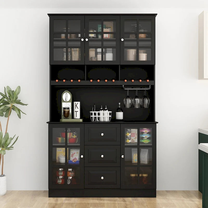 White Buffet Cabinet with Wine Glass Rack, Drawers and Hutch