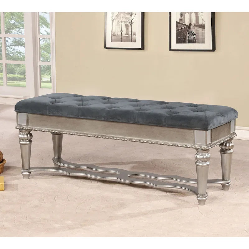 Traditional Fabric Tufted Upholstered Accent Bench with Mirrored Trim