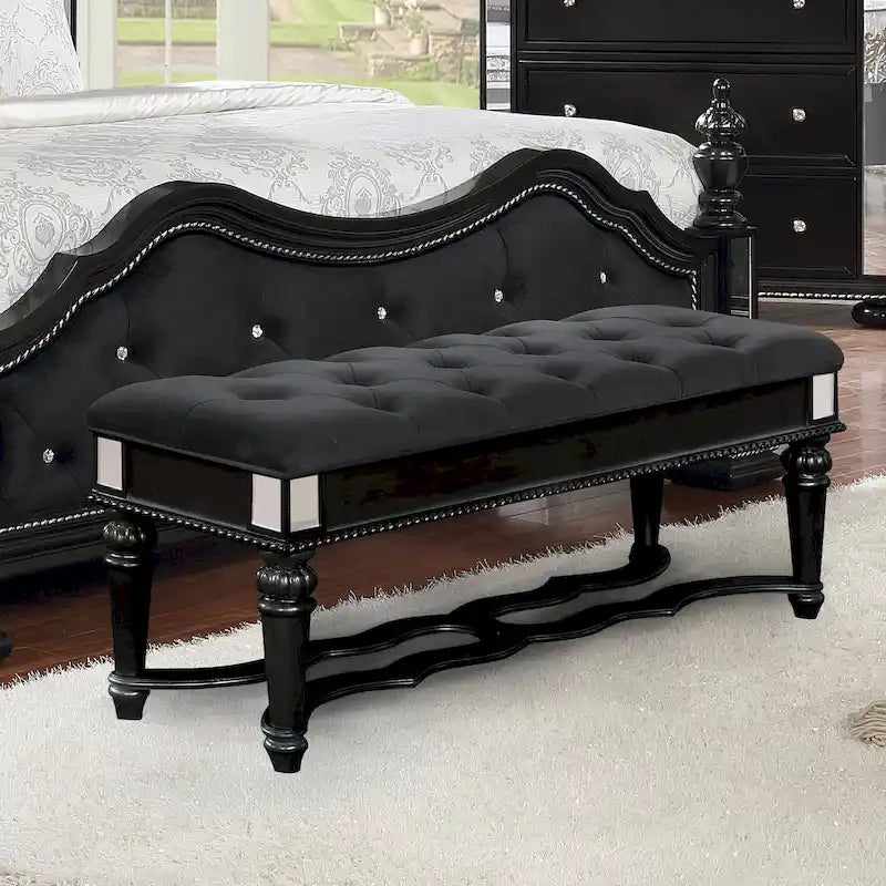 Traditional Fabric Tufted Upholstered Accent Bench with Mirrored Trim