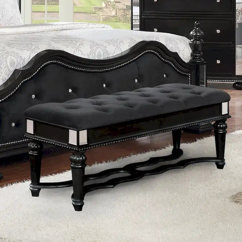 Traditional Fabric Tufted Upholstered Accent Bench with Mirrored Trim