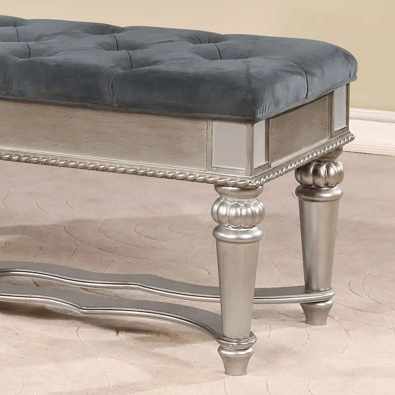 Traditional Fabric Tufted Upholstered Accent Bench with Mirrored Trim