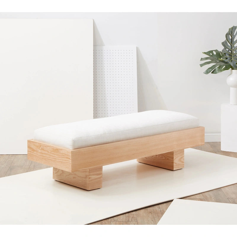 White Wood Bench with Cushioned Linen Seat 52W x 20D x 17H Inch