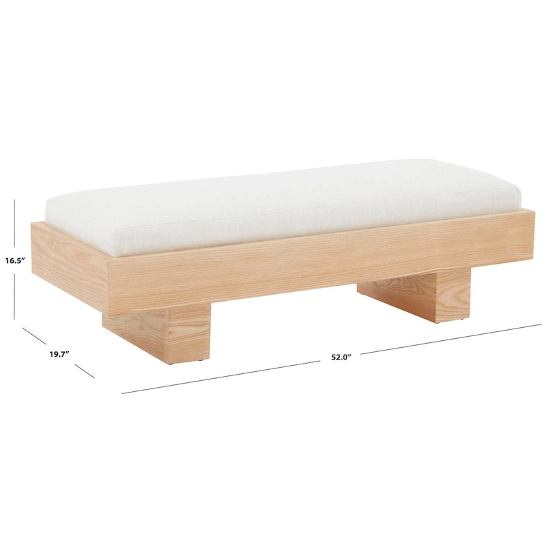 White Wood Bench with Cushioned Linen Seat 52W x 20D x 17H Inch