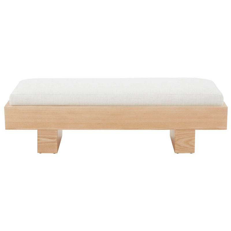 White Wood Bench with Cushioned Linen Seat 52W x 20D x 17H Inch