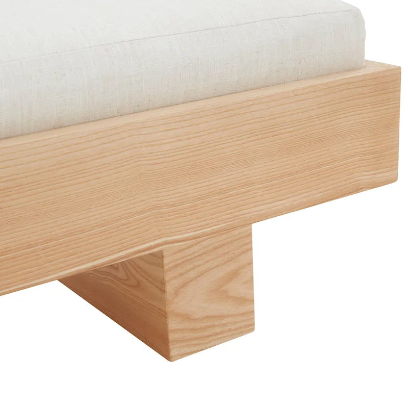 White Wood Bench with Cushioned Linen Seat 52W x 20D x 17H Inch