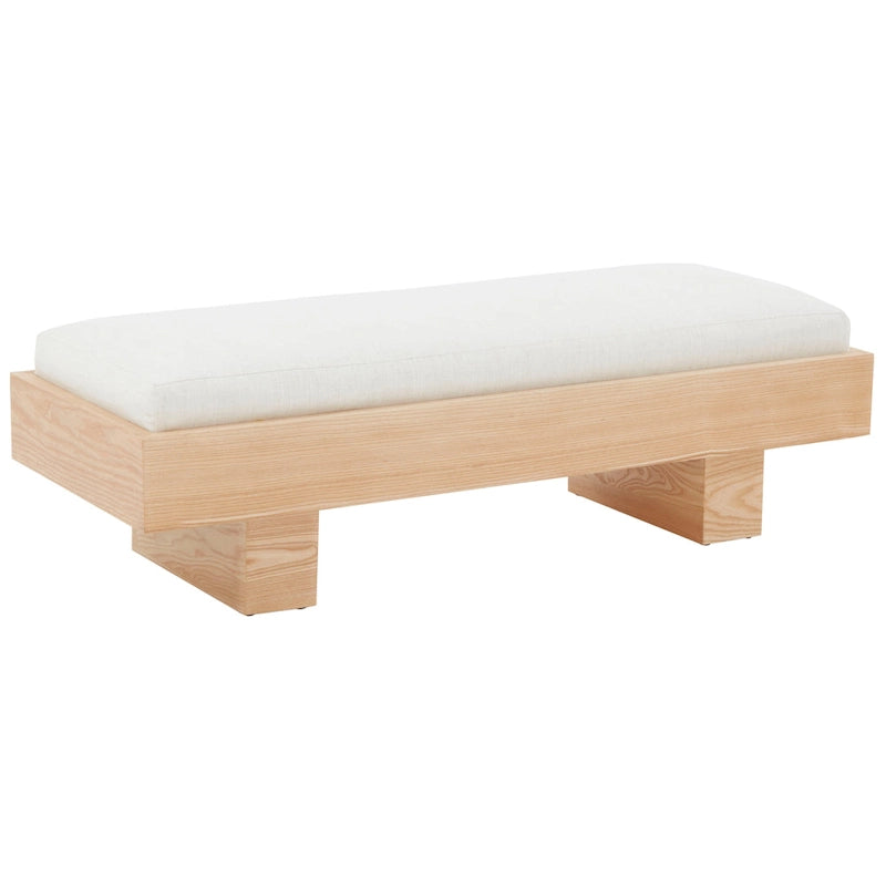 White Wood Bench with Cushioned Linen Seat 52W x 20D x 17H Inch