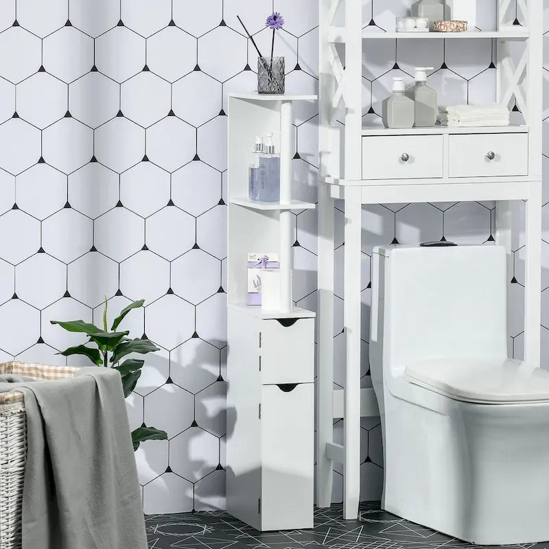 Tall Bathroom Storage Cabinet with 2 Open Shelves and 2 Door Cabinets Freestanding Linen Tower