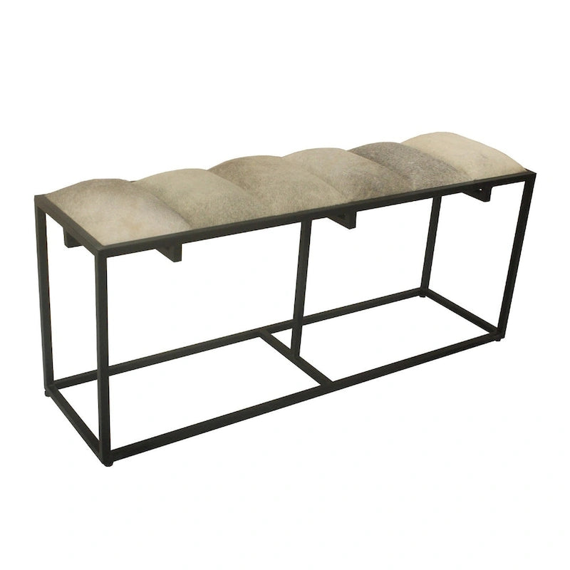 50W Black Iron, Grey Faux Hair & Leather Patch Bench - 50 x 14 x 22