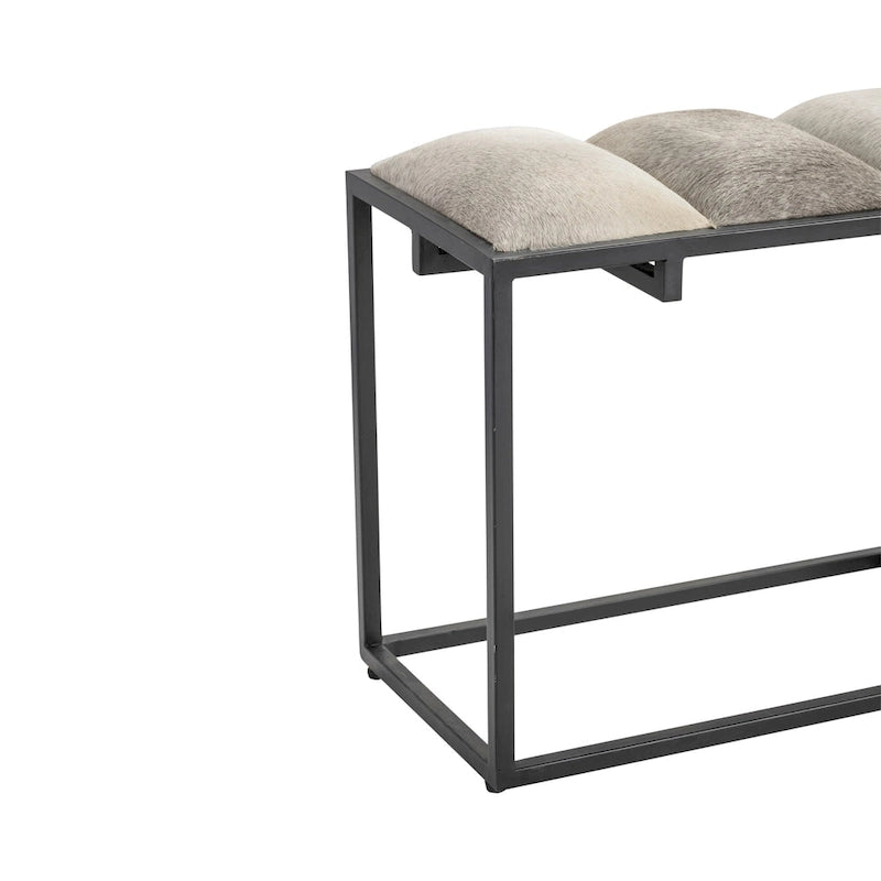 50W Black Iron, Grey Faux Hair & Leather Patch Bench - 50 x 14 x 22