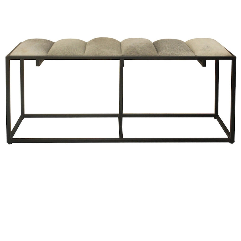 50W Black Iron, Grey Faux Hair & Leather Patch Bench - 50 x 14 x 22