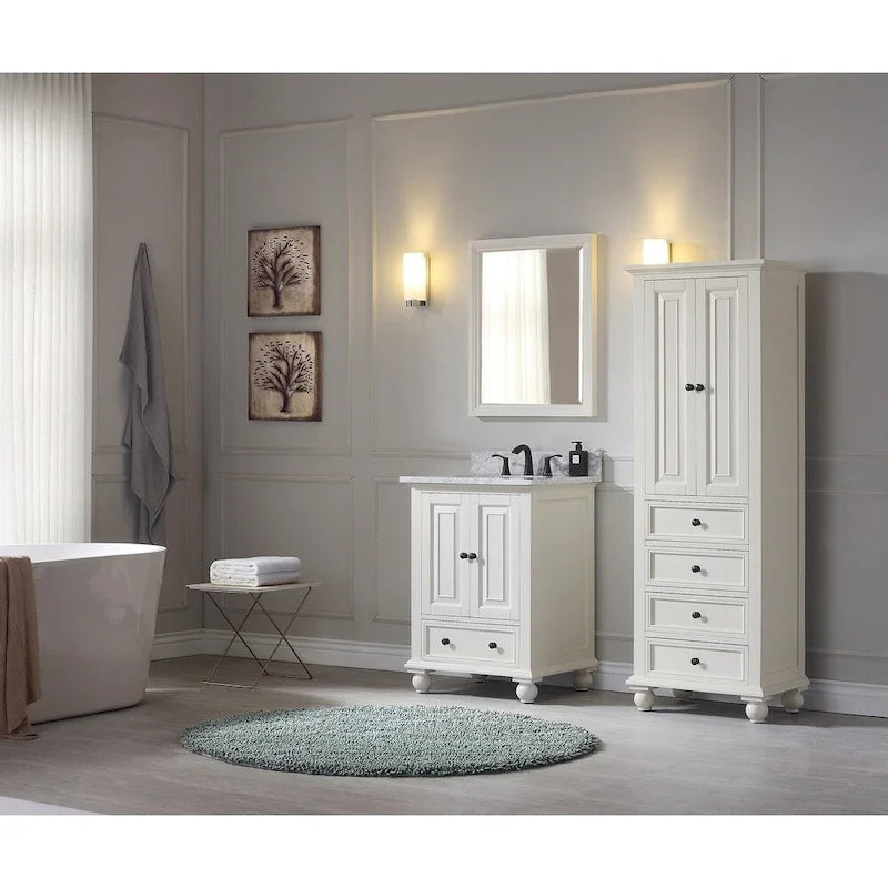 24 Inch French White Finish Tall Bathroom Linen Storage Cabinet 24W x 68H