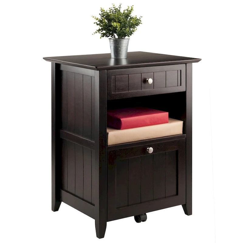 Lateral File Cabinet Coffee Finish with Wainscoting Panels and Tapered Legs