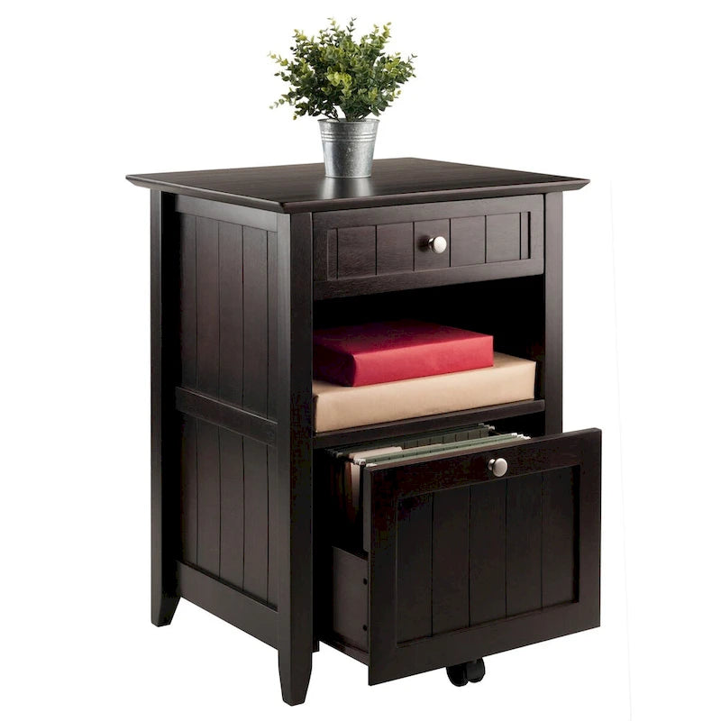 Lateral File Cabinet Coffee Finish with Wainscoting Panels and Tapered Legs
