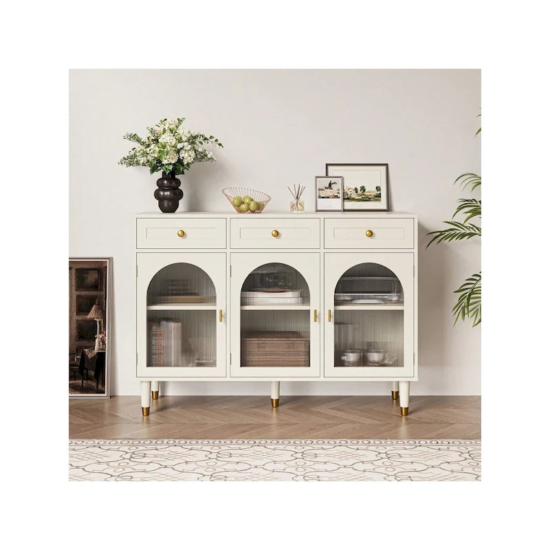 47.2" Wide 3-Drawer Sideboard Buffet with Acrylic Door and Adjustable Shelves
