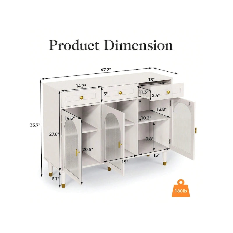47.2" Wide 3-Drawer Sideboard Buffet with Acrylic Door and Adjustable Shelves