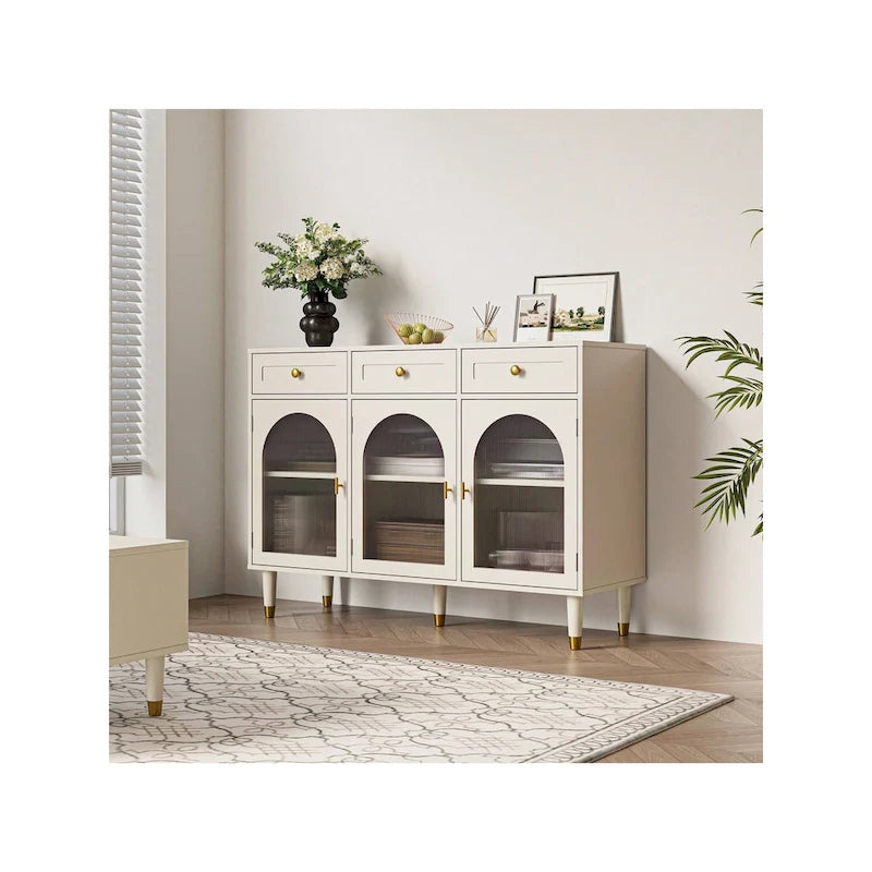 47.2" Wide 3-Drawer Sideboard Buffet with Acrylic Door and Adjustable Shelves