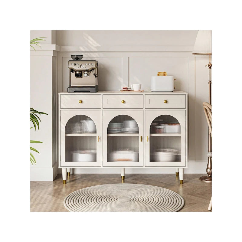 47.2" Wide 3-Drawer Sideboard Buffet with Acrylic Door and Adjustable Shelves