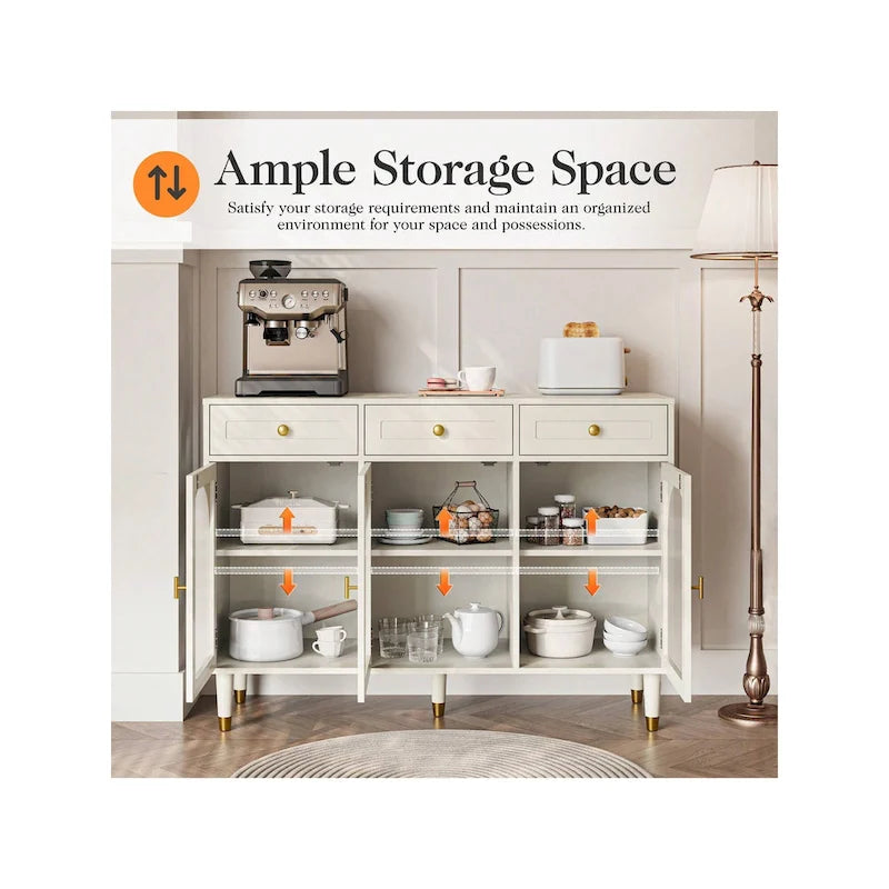 47.2" Wide 3-Drawer Sideboard Buffet with Acrylic Door and Adjustable Shelves