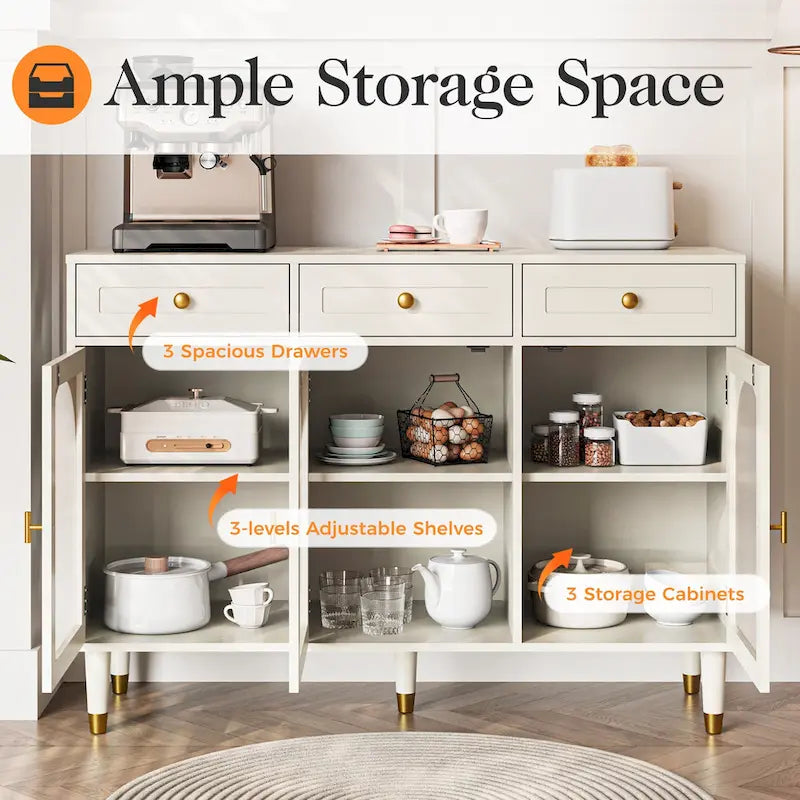 47.2" Wide 3-Drawer Sideboard Buffet with Acrylic Door and Adjustable Shelves