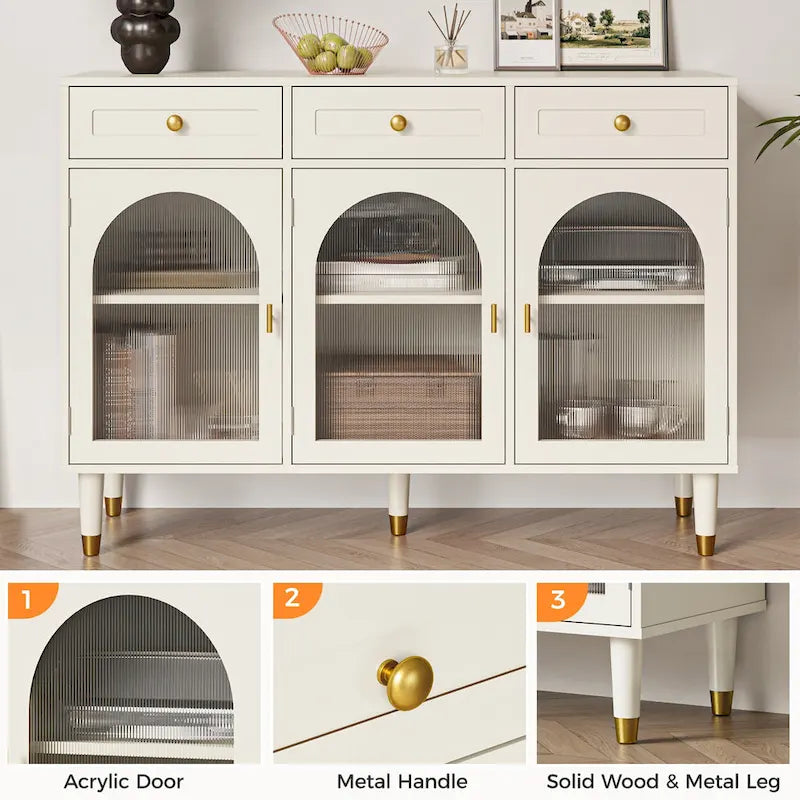 47.2" Wide 3-Drawer Sideboard Buffet with Acrylic Door and Adjustable Shelves