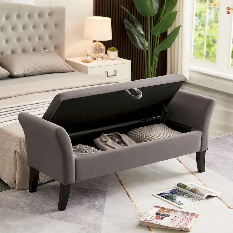 51.5" Velvet Storage Bench with Tufted Seat and Wooden Legs