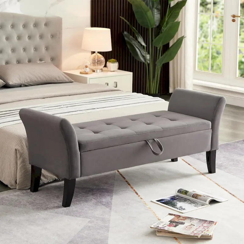 51.5" Velvet Storage Bench with Tufted Seat and Wooden Legs