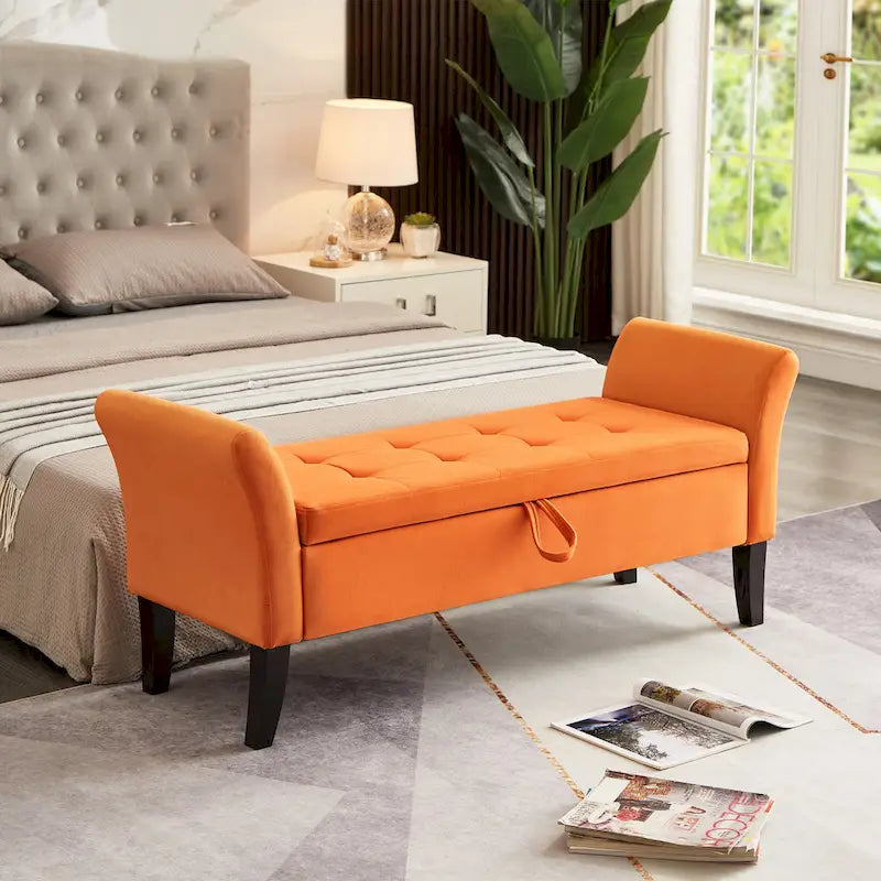 51.5" Velvet Storage Bench with Tufted Seat and Wooden Legs