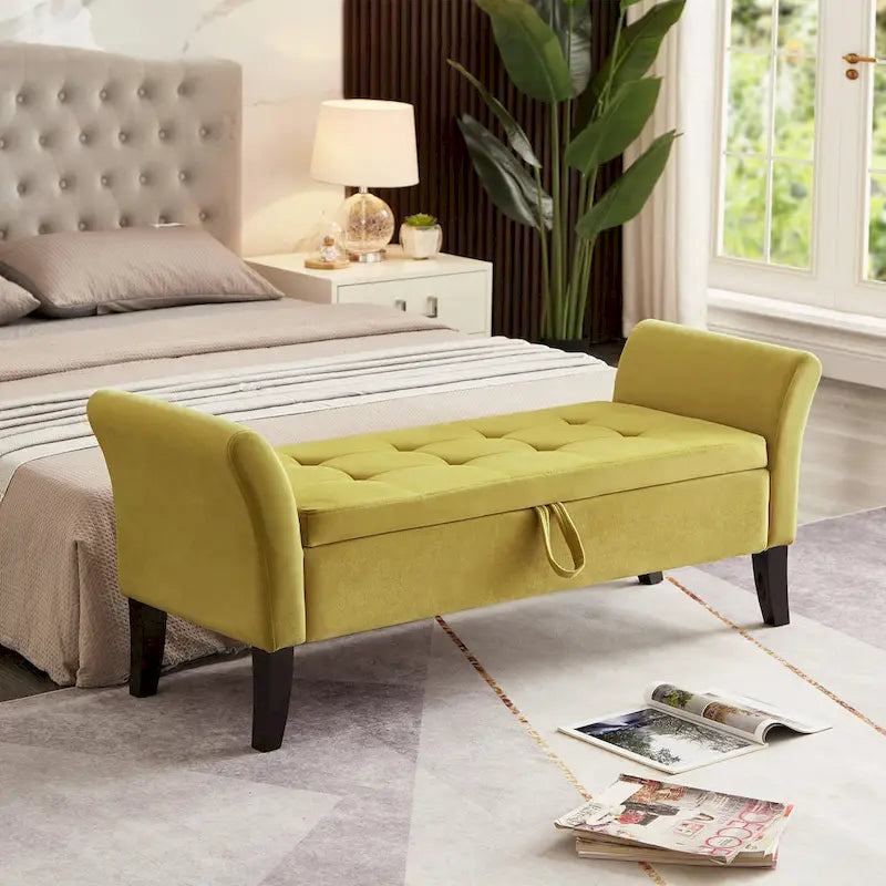 51.5" Velvet Storage Bench with Tufted Seat and Wooden Legs