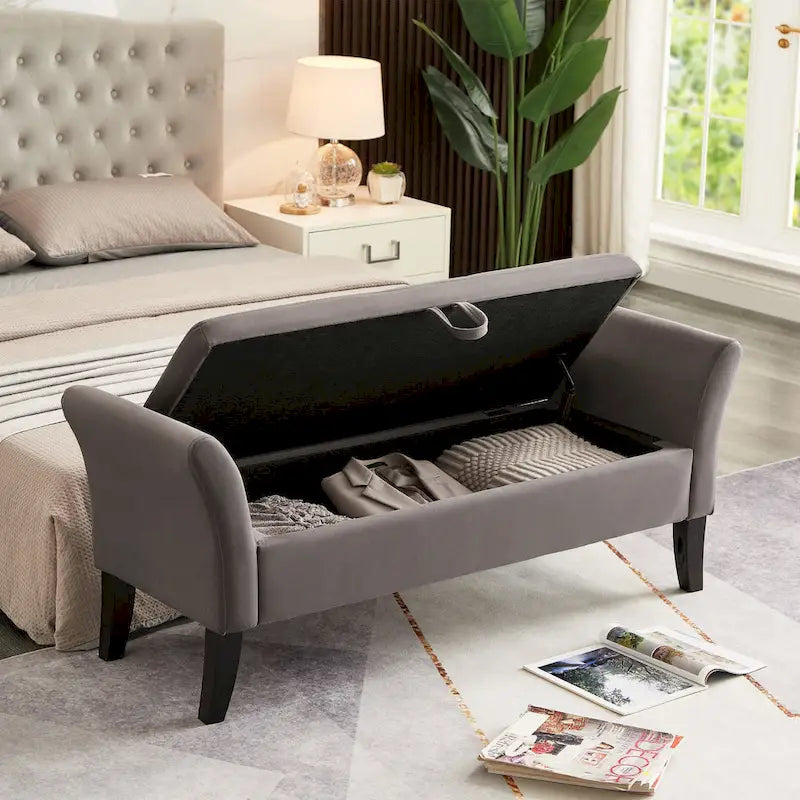 51.5" Velvet Storage Bench with Tufted Seat and Wooden Legs