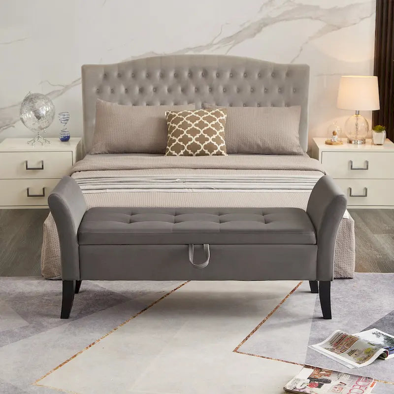 51.5" Velvet Storage Bench with Tufted Seat and Wooden Legs