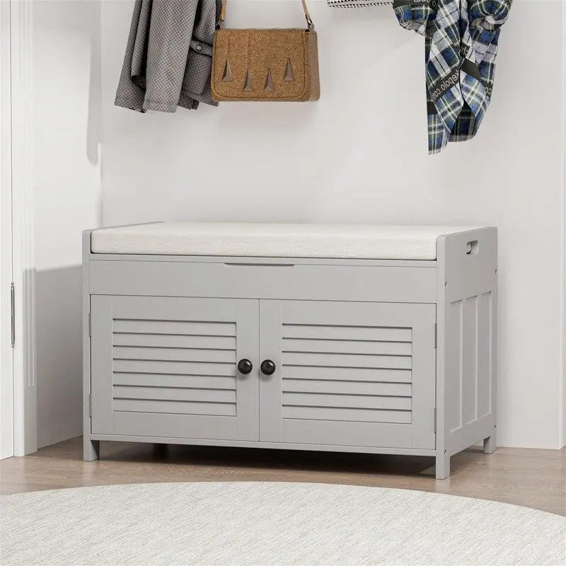 Shoe Storage Bench with Louvered Doors and Cushioned Seat