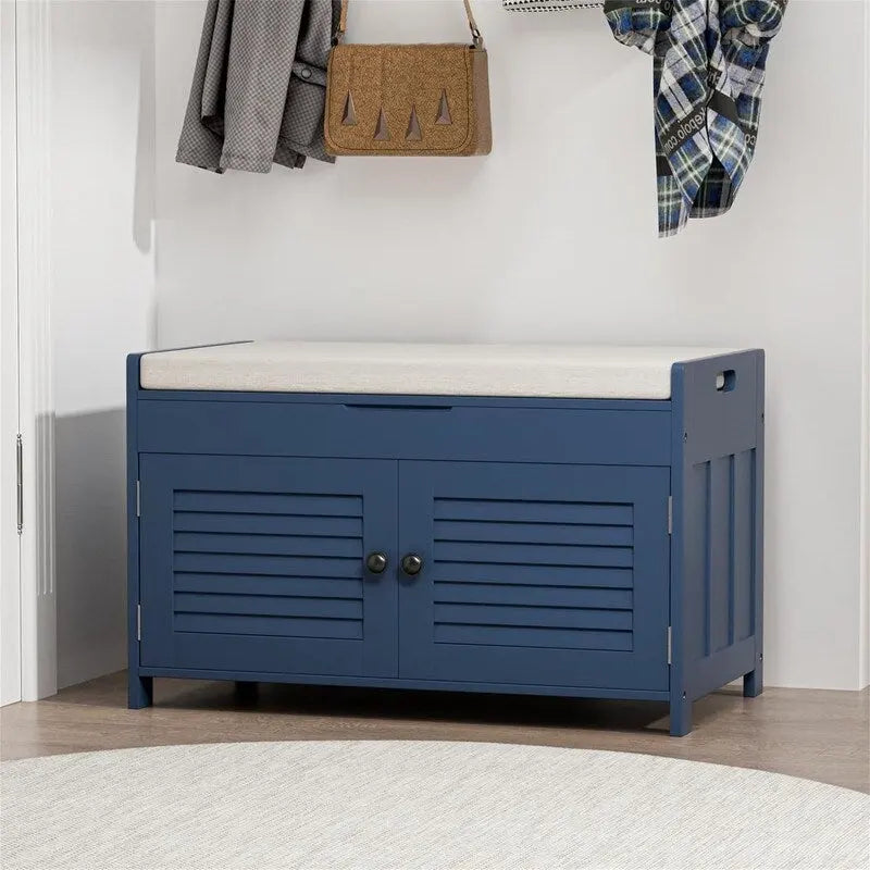 Shoe Storage Bench with Louvered Doors and Cushioned Seat