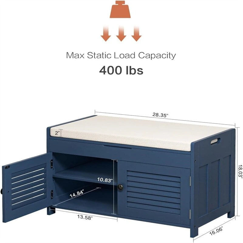 Shoe Storage Bench with Louvered Doors and Cushioned Seat