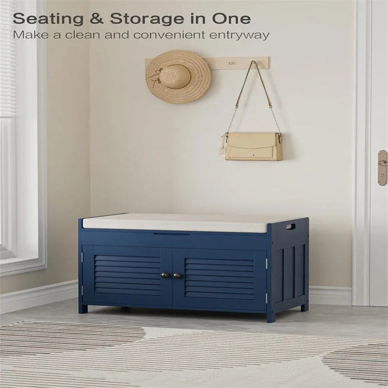 Shoe Storage Bench with Louvered Doors and Cushioned Seat