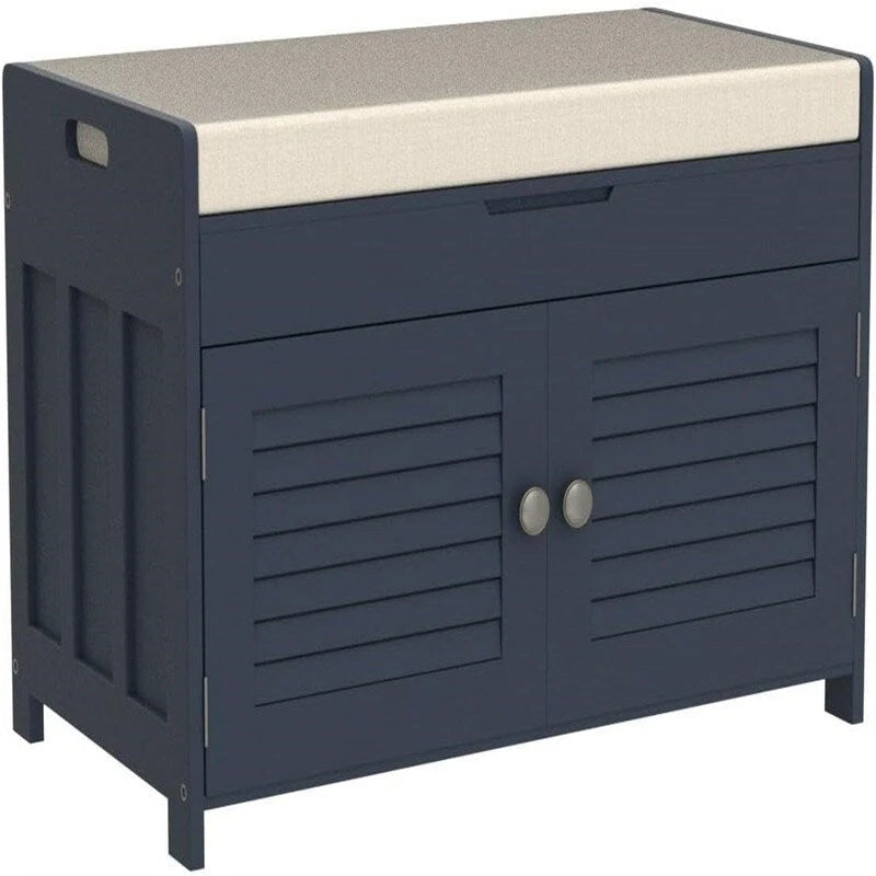 Shoe Storage Bench with Louvered Doors and Cushioned Seat