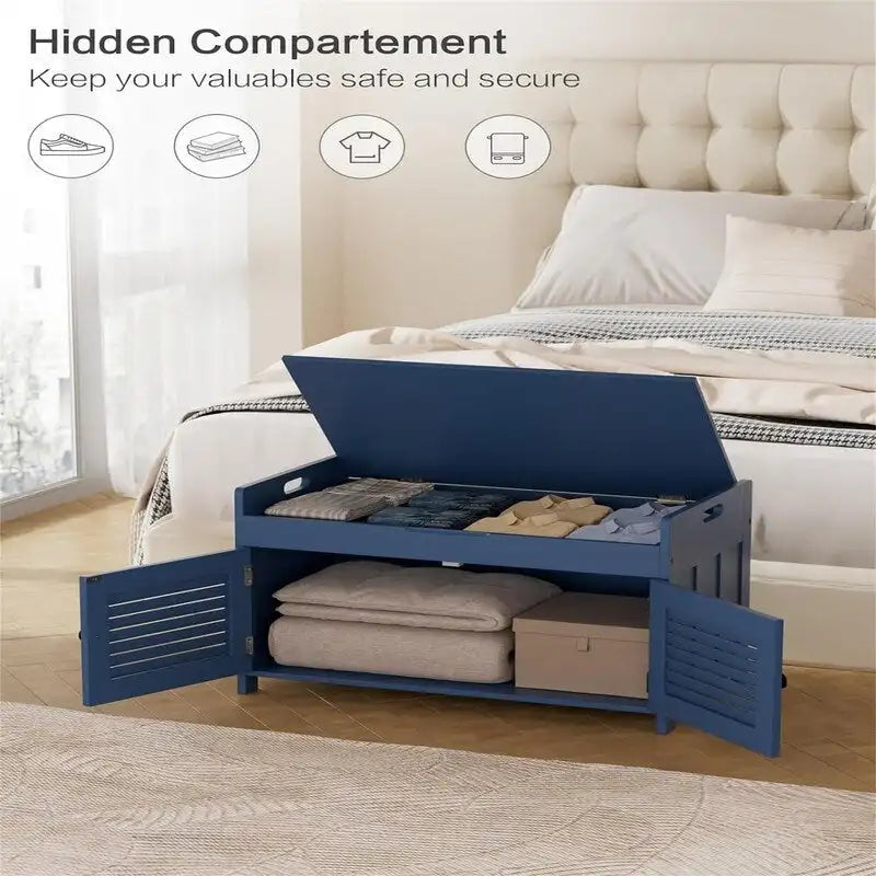 Shoe Storage Bench with Louvered Doors and Cushioned Seat