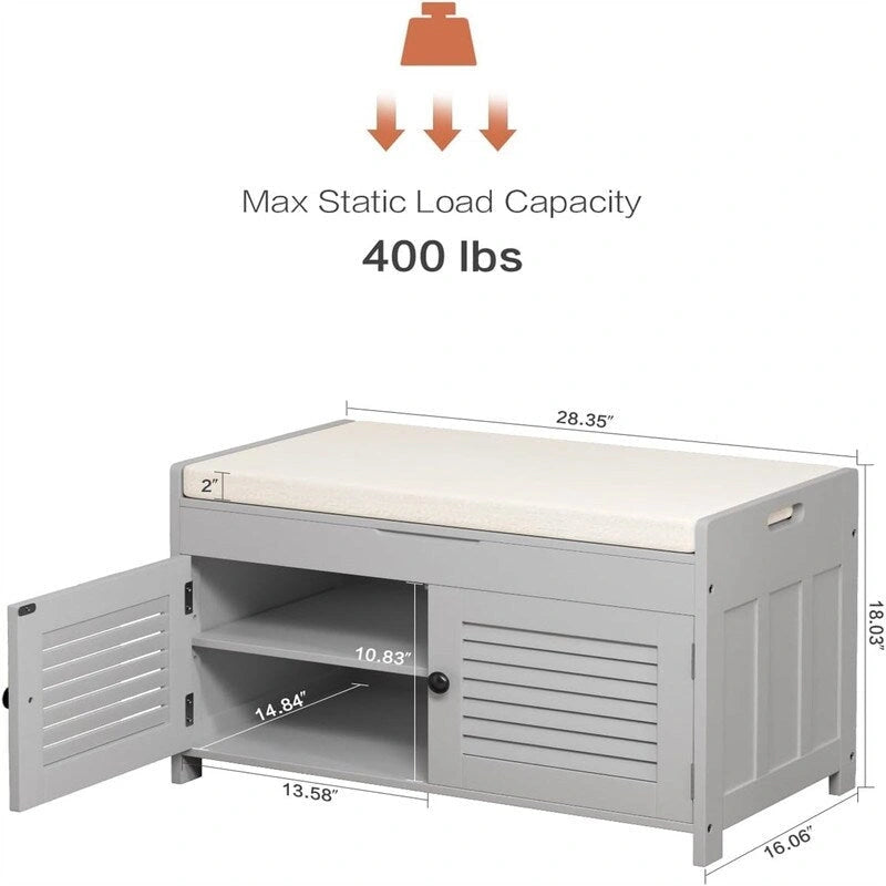 Shoe Storage Bench with Louvered Doors and Cushioned Seat